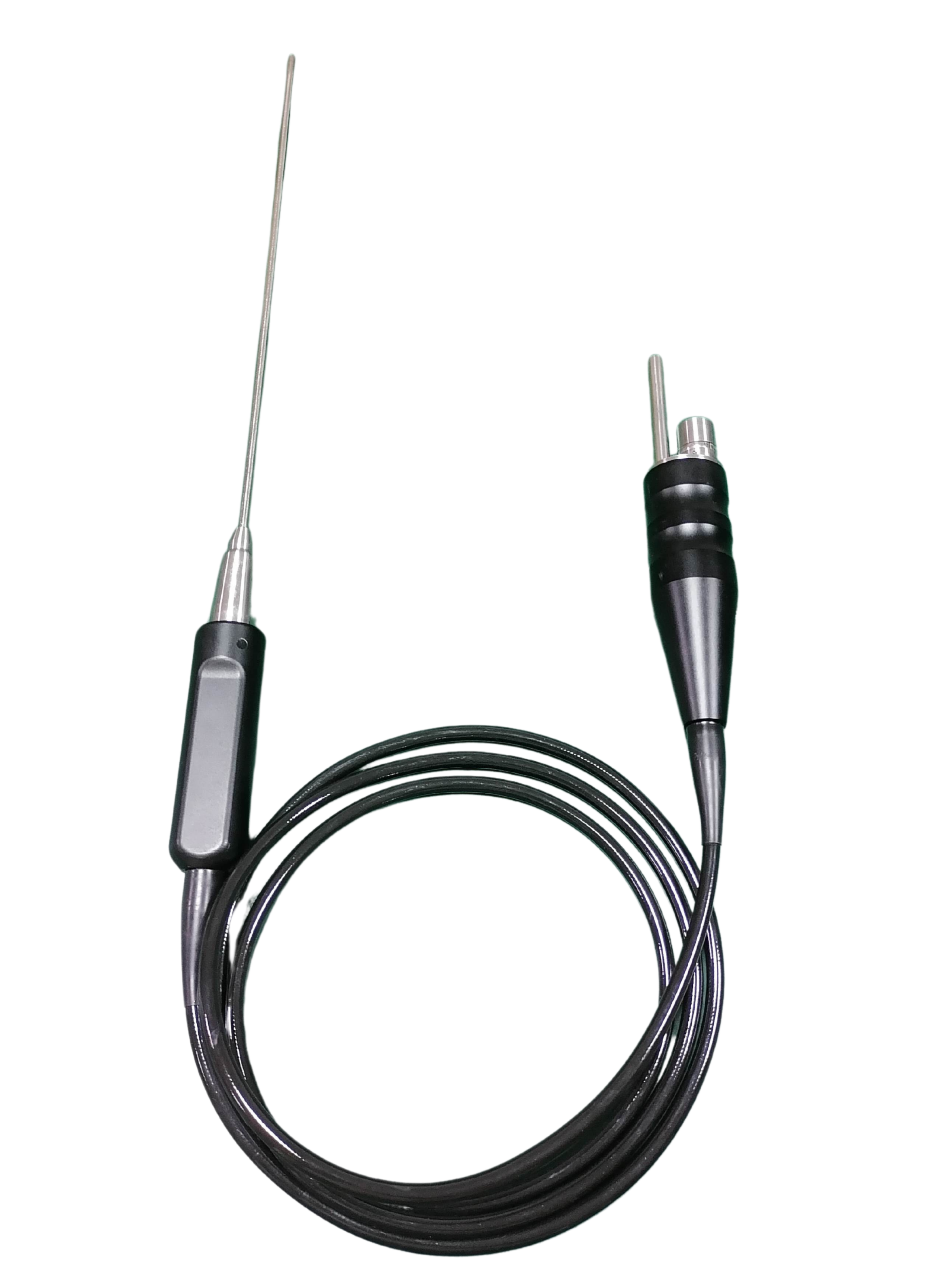 Rigid endoscope with black handle and cable with metallic connectors